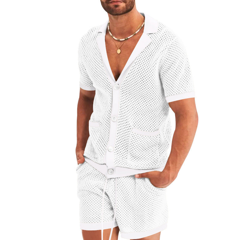 Herren nan offener Netzstrick-Cardigan mit passenden Kordelzug-Shorts Drune