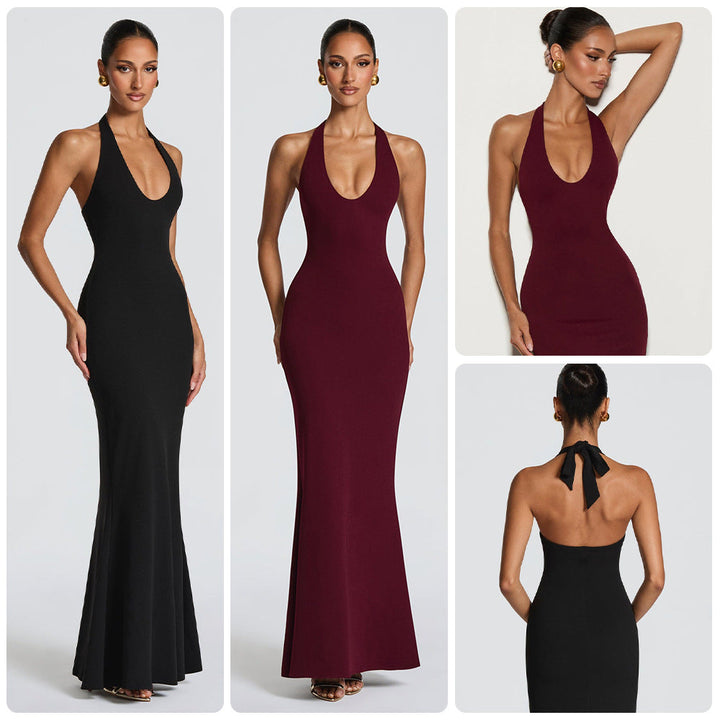 Damen Elegantes Bodenkleid mit tiefem V-Ausschnitt und figurbetontem Design Drune