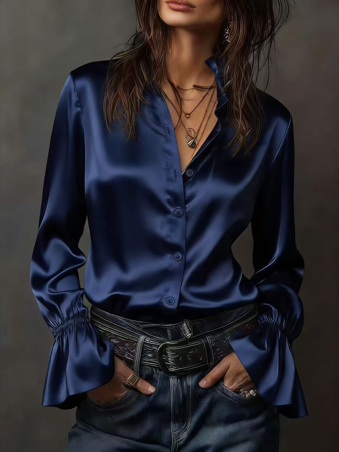 Damen Elegante Seidenbluse mit Raffungen an den Ärmeln Drune
