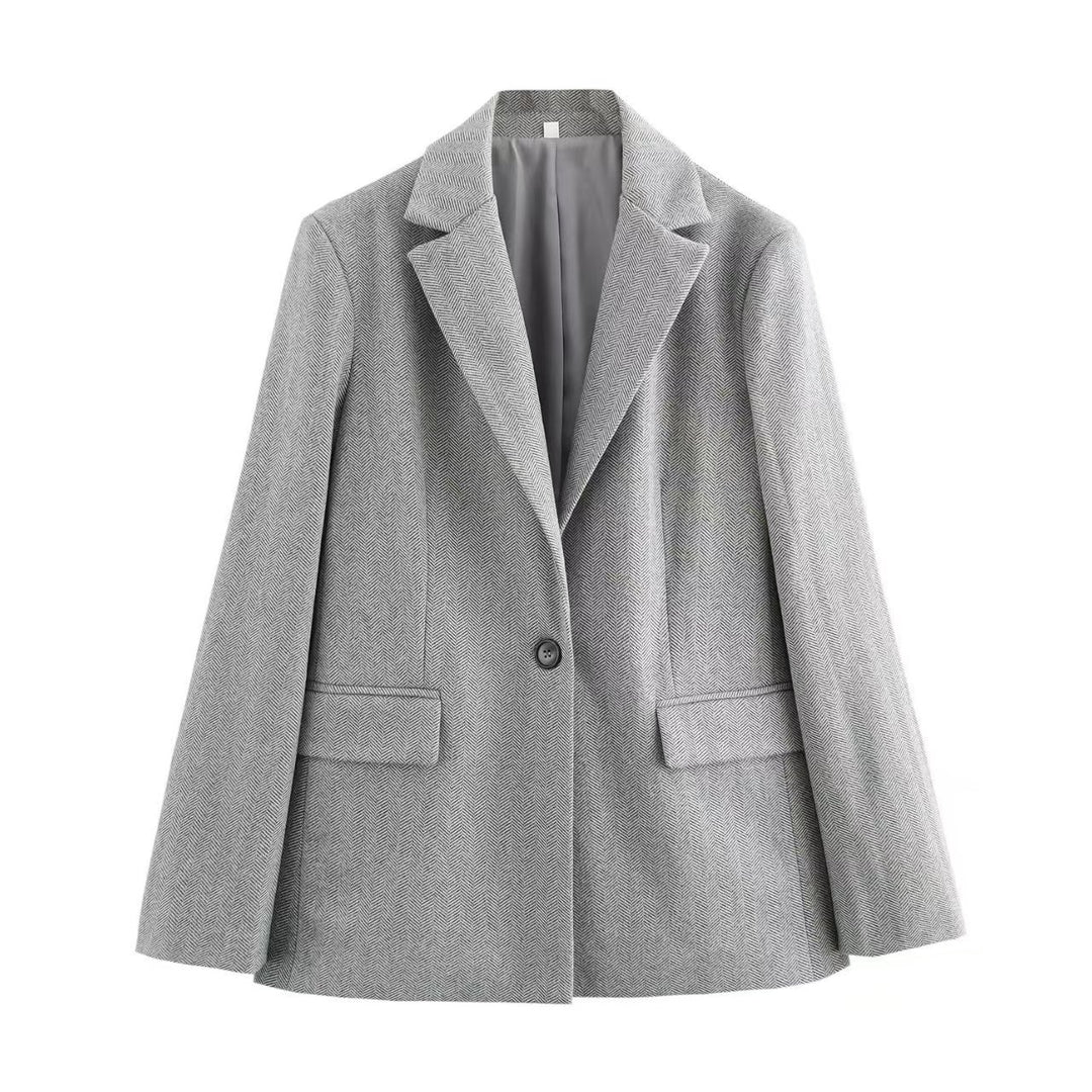 Damen Einreihiger Blazer mit Fischgrätmuster, Reverskragen und Pattentaschen Drune