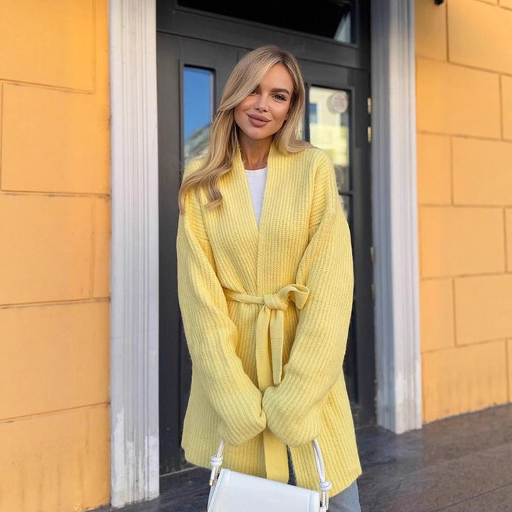 Damen Oversize Strickmantel mit Bindegürtel und geripptem Feinstrick Drune