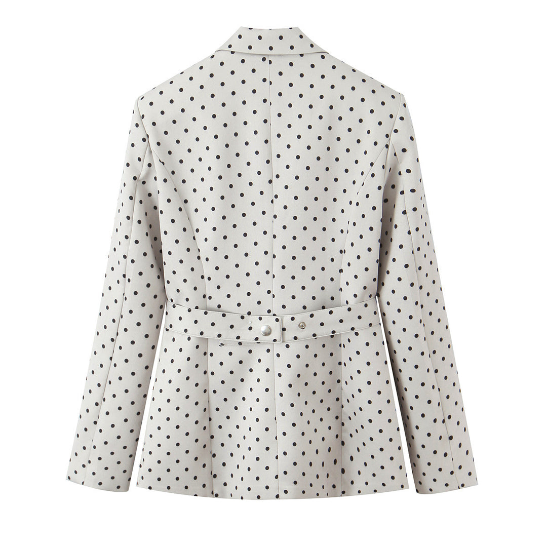 Damen Taillierter gepunkteter Blazer mit Bindegürtel und Reverskragen Drune
