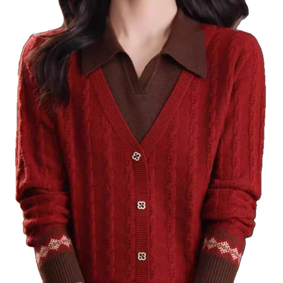 Damen elegante Strickjacke mit V-Ausschnitt Drune