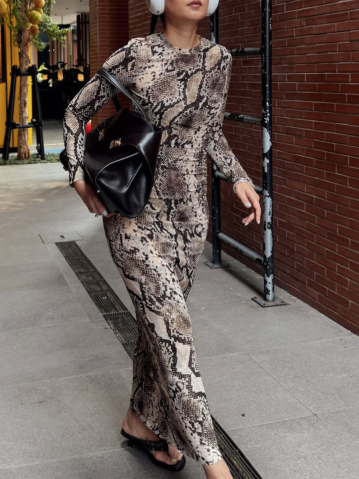 Damen Figurbetontes Maxikleid aus Stretch-Jersey mit Schlangenprint und Rundhalsausschnitt Drune