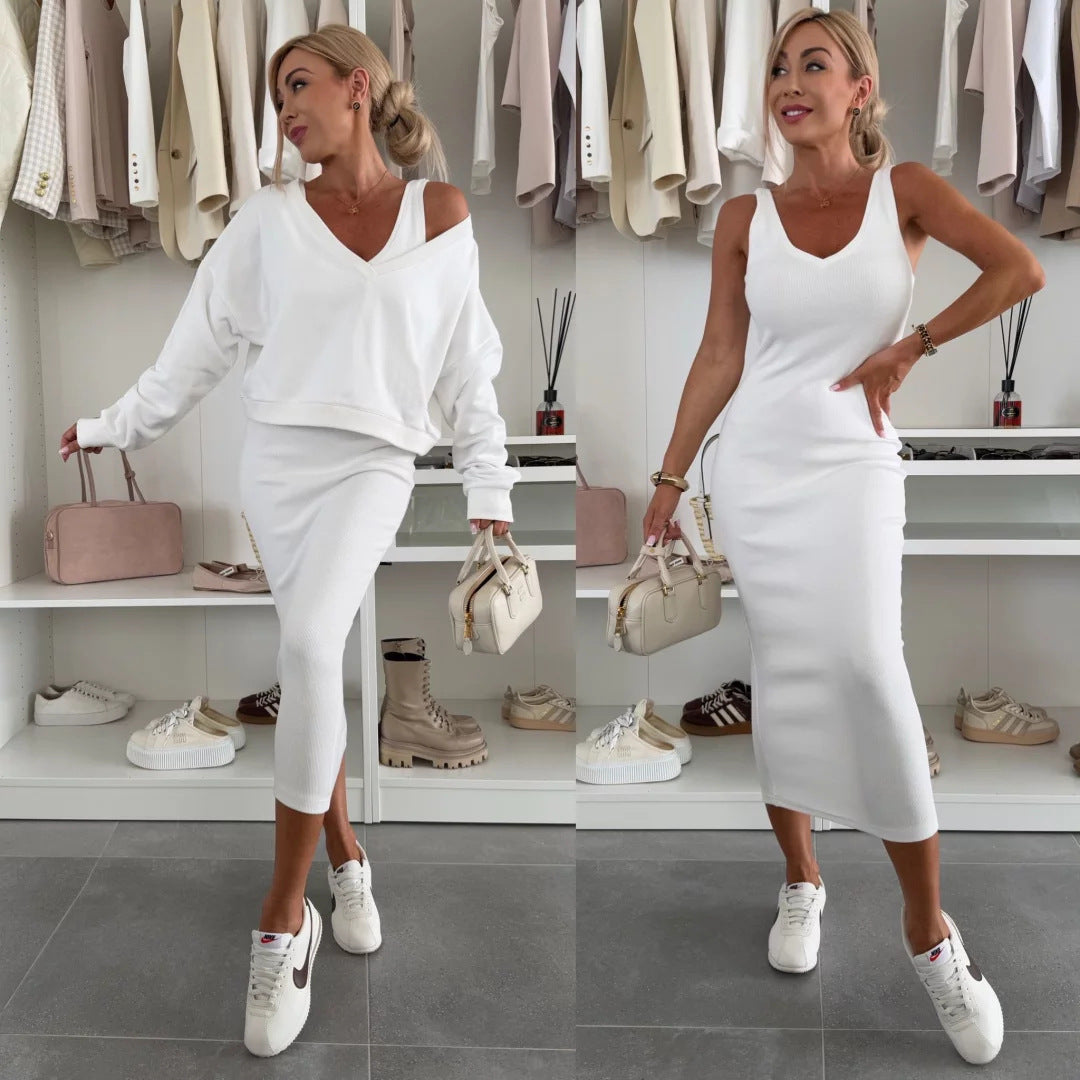 Damen weiches geripptes Lounge-Set mit Oversize-Viskoseshirt und High-Waist Schlaghose Drune