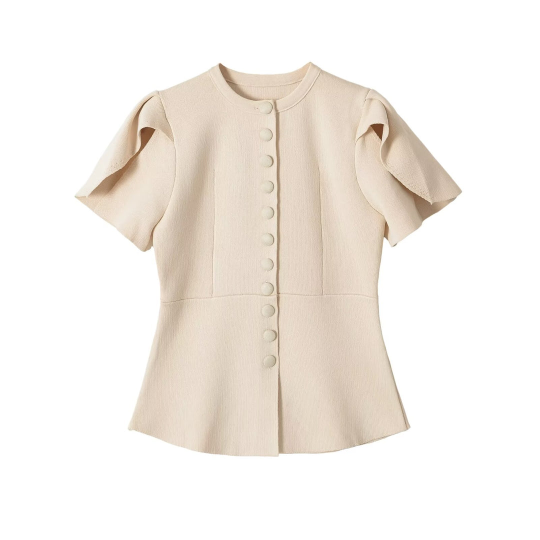 Damen Taillierte Stretch-Strickbluse mit verdeckten Stoffknöpfen und doppelten Volantärmeln Drune