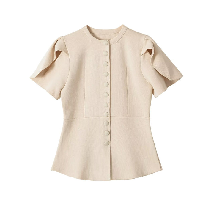 Damen Taillierte Stretch-Strickbluse mit verdeckten Stoffknöpfen und doppelten Volantärmeln Drune