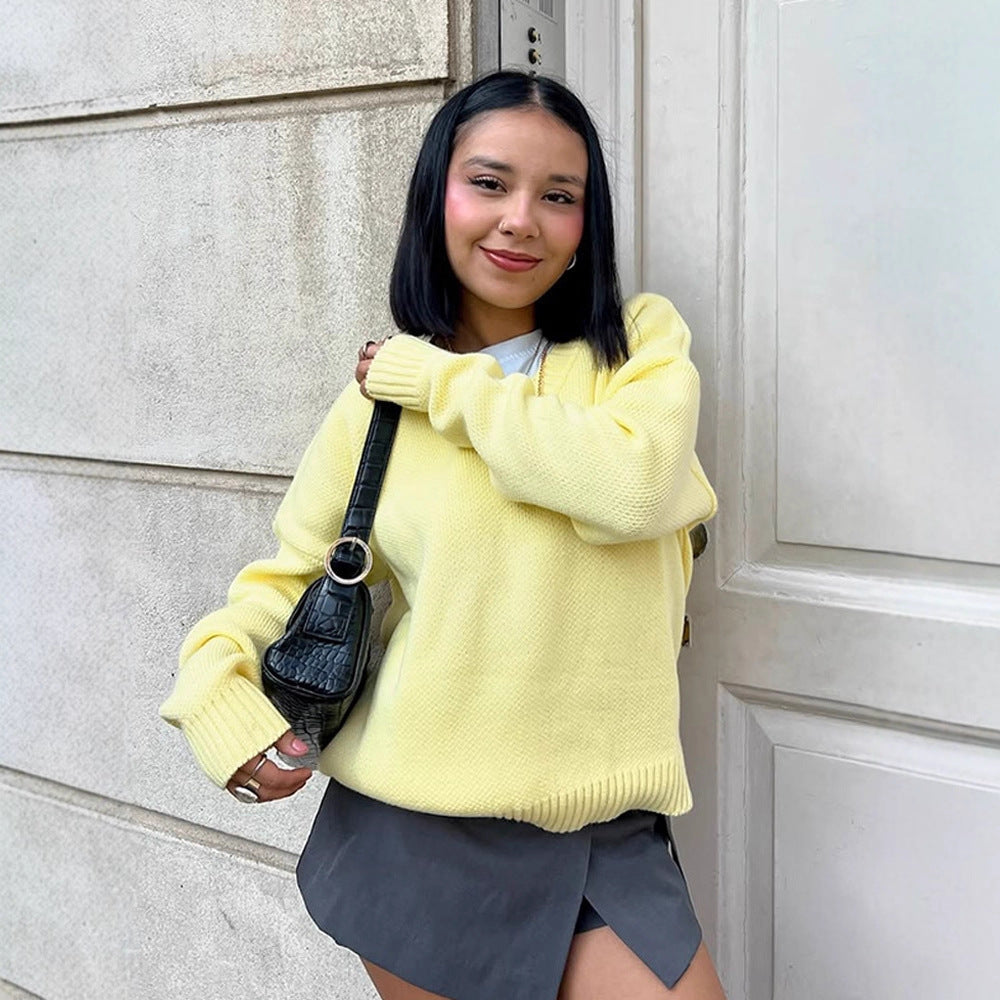 Damen Oversize V-Ausschnitt Feinstrickpullover mit strukturierter Maschenoptik und gerippten Bündchen Drune