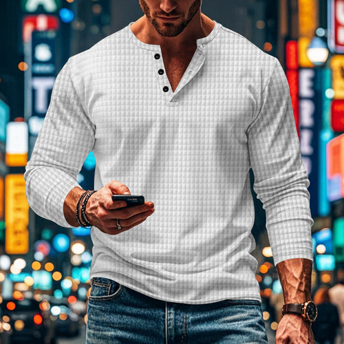Herren nan figurbetontes Langarmshirt mit Rundhals-Knopfleiste und Waffelstruktur Drune
