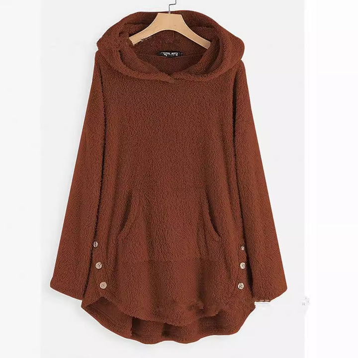 Damen nan kuscheliger Teddy-Kapuzenpullover mit Kängurutasche, Knopfleiste an den Seiten und abgerundetem Saum Drune