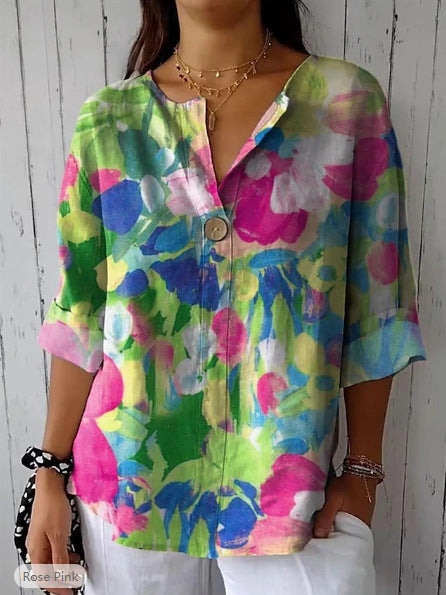 Damen Lose Blumenmuster Leinenlook Bluse Tunika mit V-Ausschnitt und Dreiviertelärmeln Drune