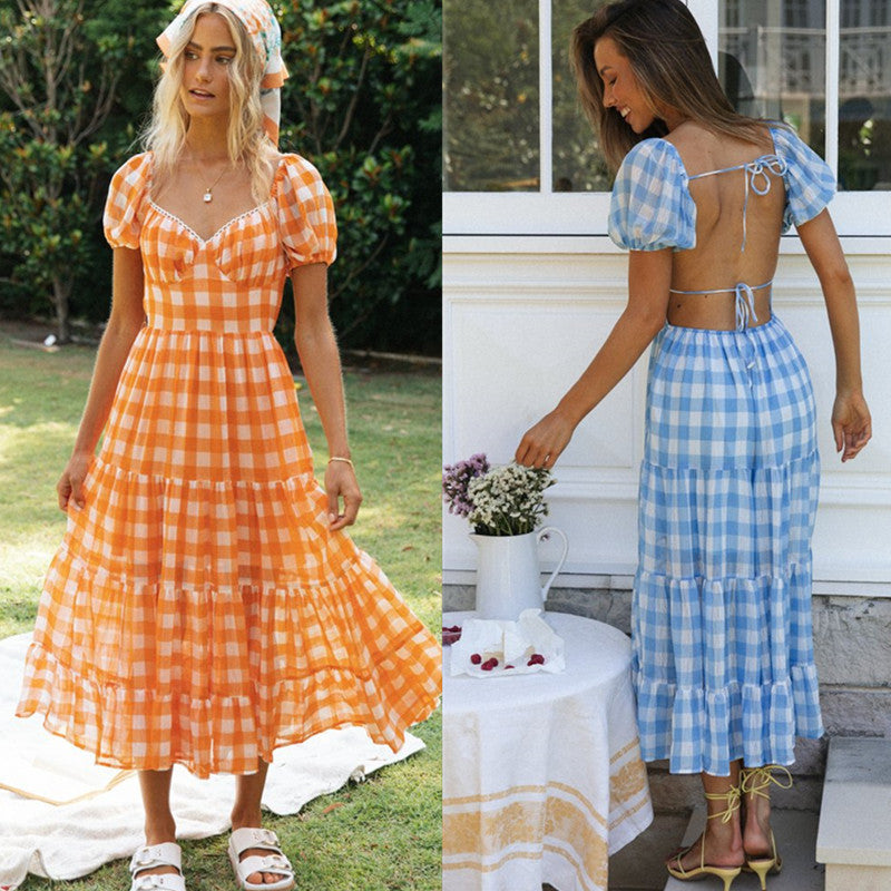 Damen maxi Kleid mit vollen Rüschen und Karomuster Drune