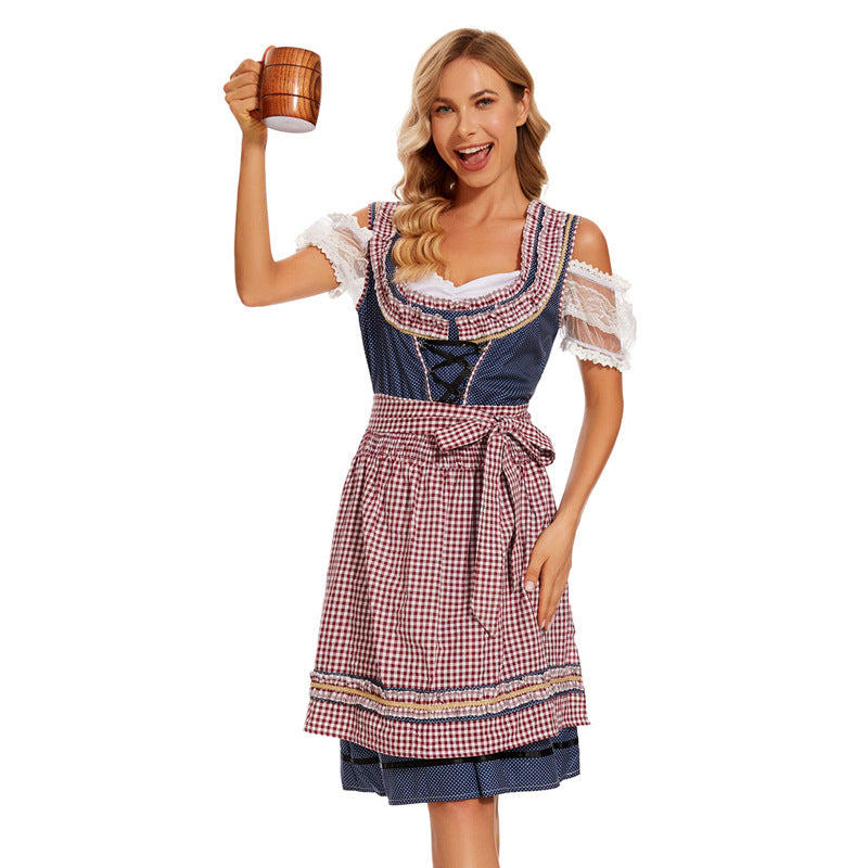 Damen nan traditionelles Dirndlkleid mit kariertem Schürzenrock, Schnürung und Spitzenärmeln Drune