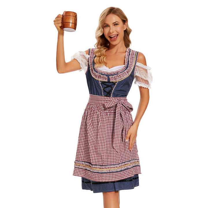 Damen nan traditionelles Dirndlkleid mit kariertem Schürzenrock, Schnürung und Spitzenärmeln Drune