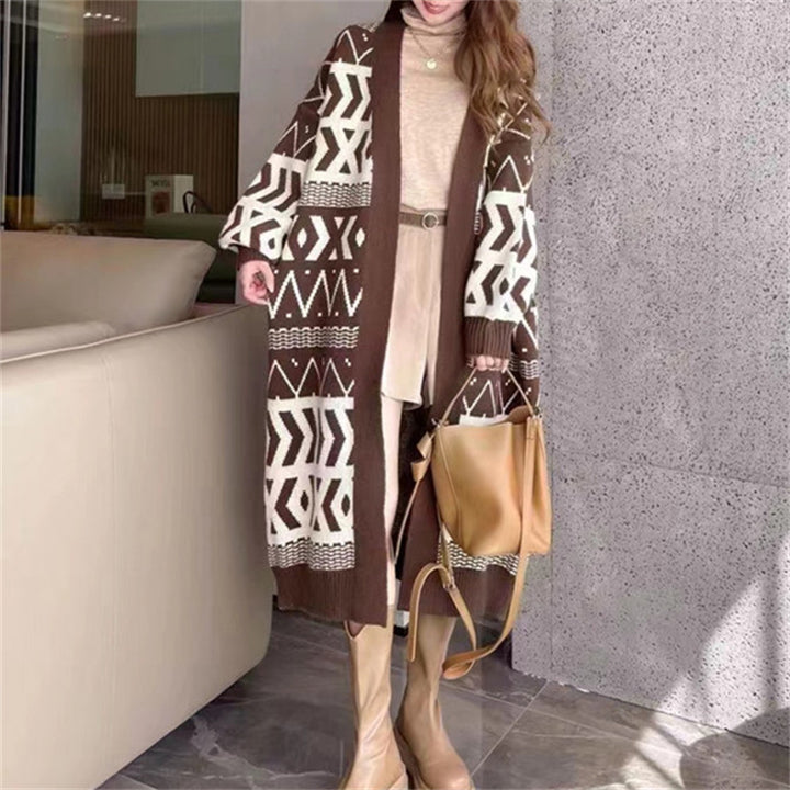 Damen Long Cardigan mit grafischem Design und tiefen Taschen Drune