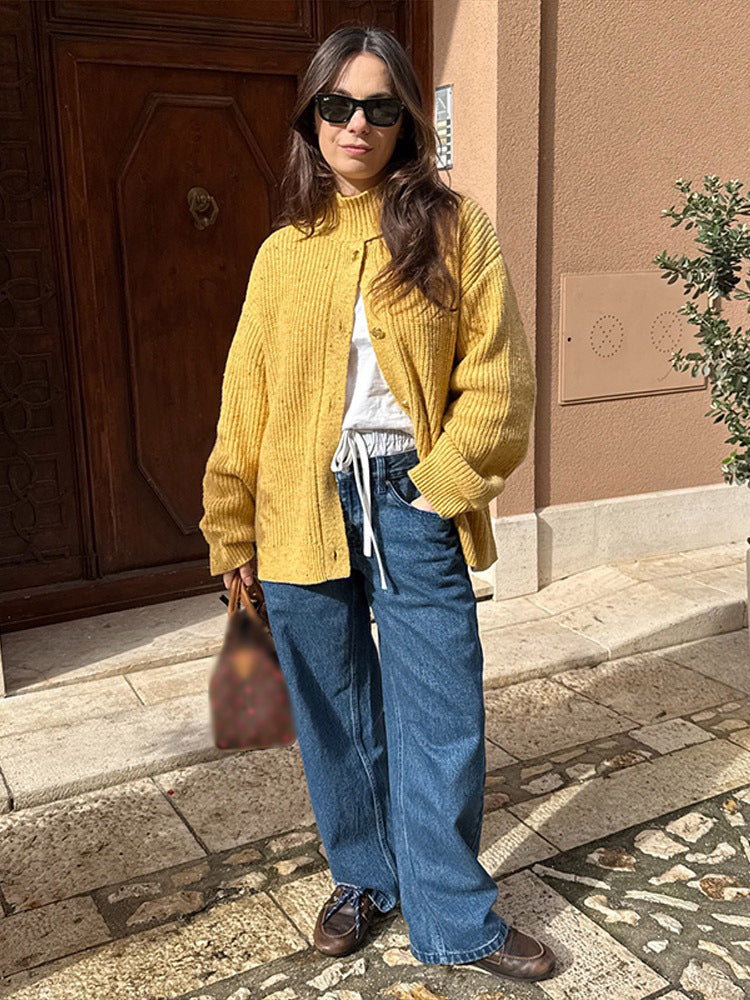Damen Oversize-Strickjacke mit Rippenstruktur und Stehkragen Drune