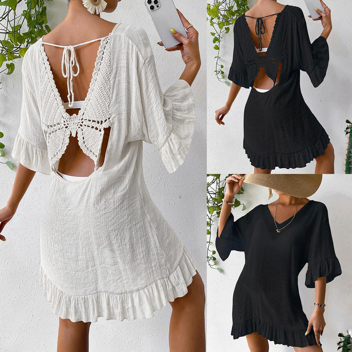 Damen lässiges Strandkleid mit V-Ausschnitt und Rüschensäumen Drune