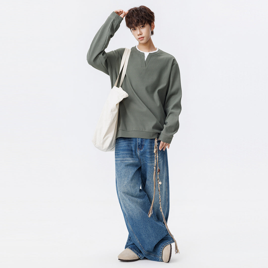 Herren Oversize Waffelstruktur-Langarmshirt mit V‑Einsatz und Layering-Optik Drune
