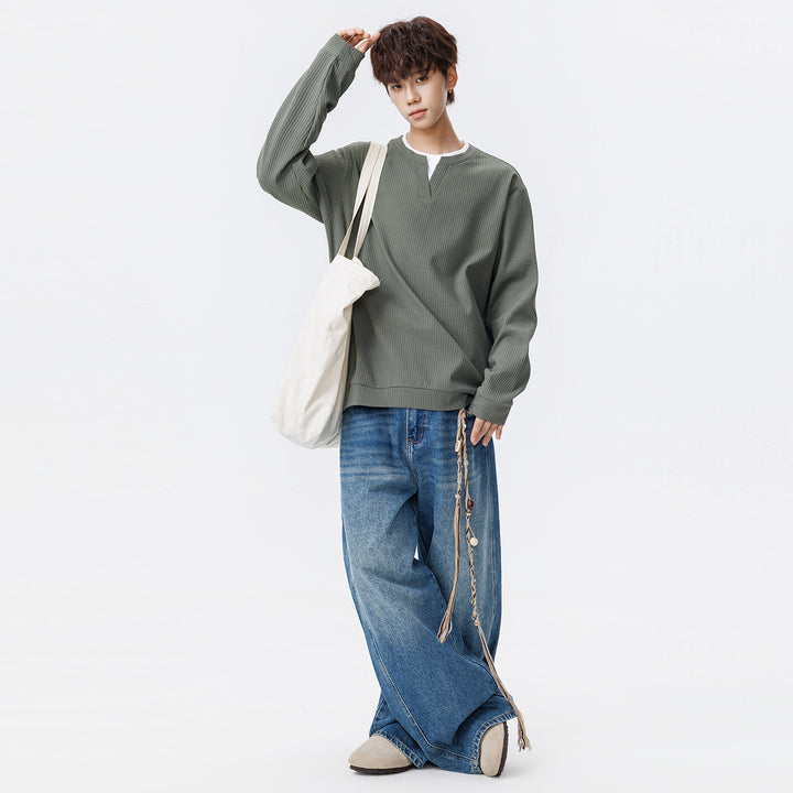 Herren Oversize Waffelstruktur-Langarmshirt mit V‑Einsatz und Layering-Optik Drune