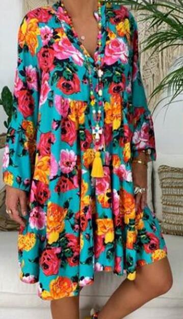 Damen nan A-Linien-Tunika-Minikleid mit V-Ausschnitt, stufigem Volant und Boho-Bandana-Print Drune