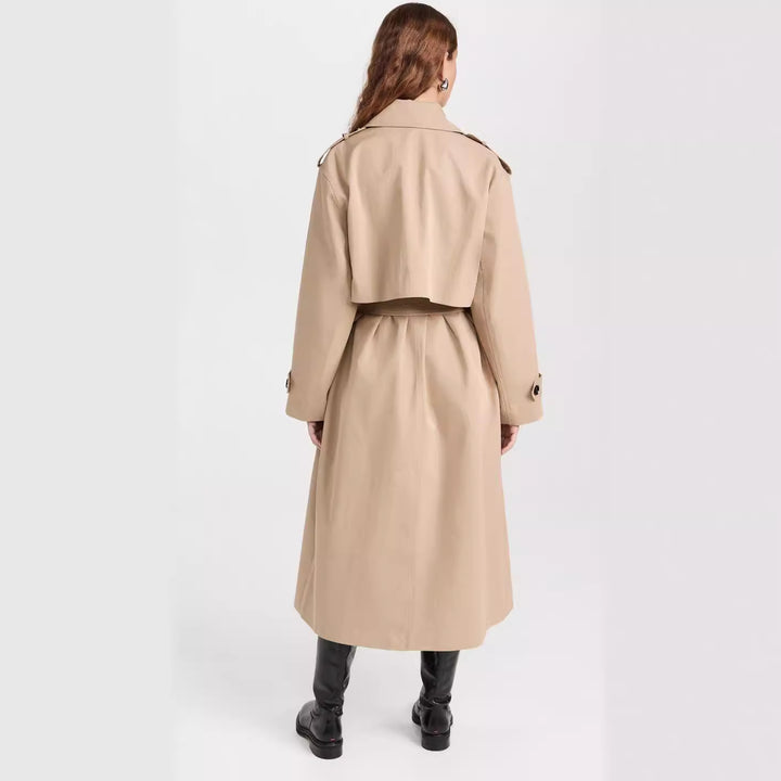 Damen Langer Trenchcoat aus Baumwollmix mit doppelreihiger Knopfleiste, Taillengürtel und Schulterklappen Drune