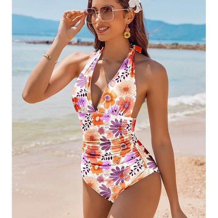 Damen Eleganter Leo-Badeanzug mit tiefem V-Ausschnitt Drune