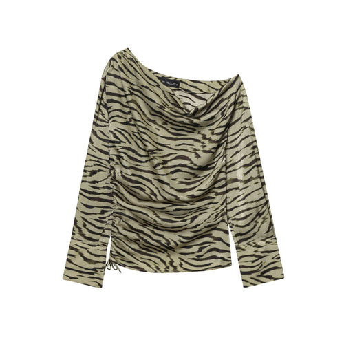 Damen nan drapiertes Langarmtop mit Wasserfallkragen, seitlicher Raffung und Tunnelzug Drune