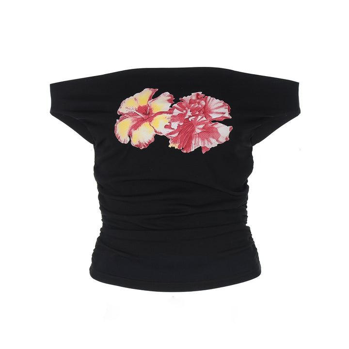 Damen Off-Shoulder Top mit floralen Applikationen Drune