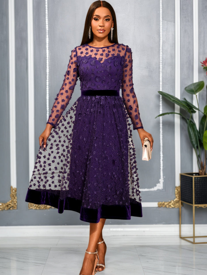 Damen elegantes A-Linien Abendkleid mit floralen Spitzenapplikationen Drune