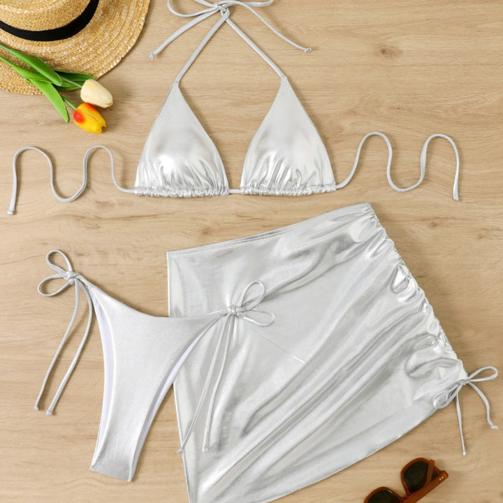 Damen Glänzendes Triangel-Bikini-Set mit Wickelrock Drune