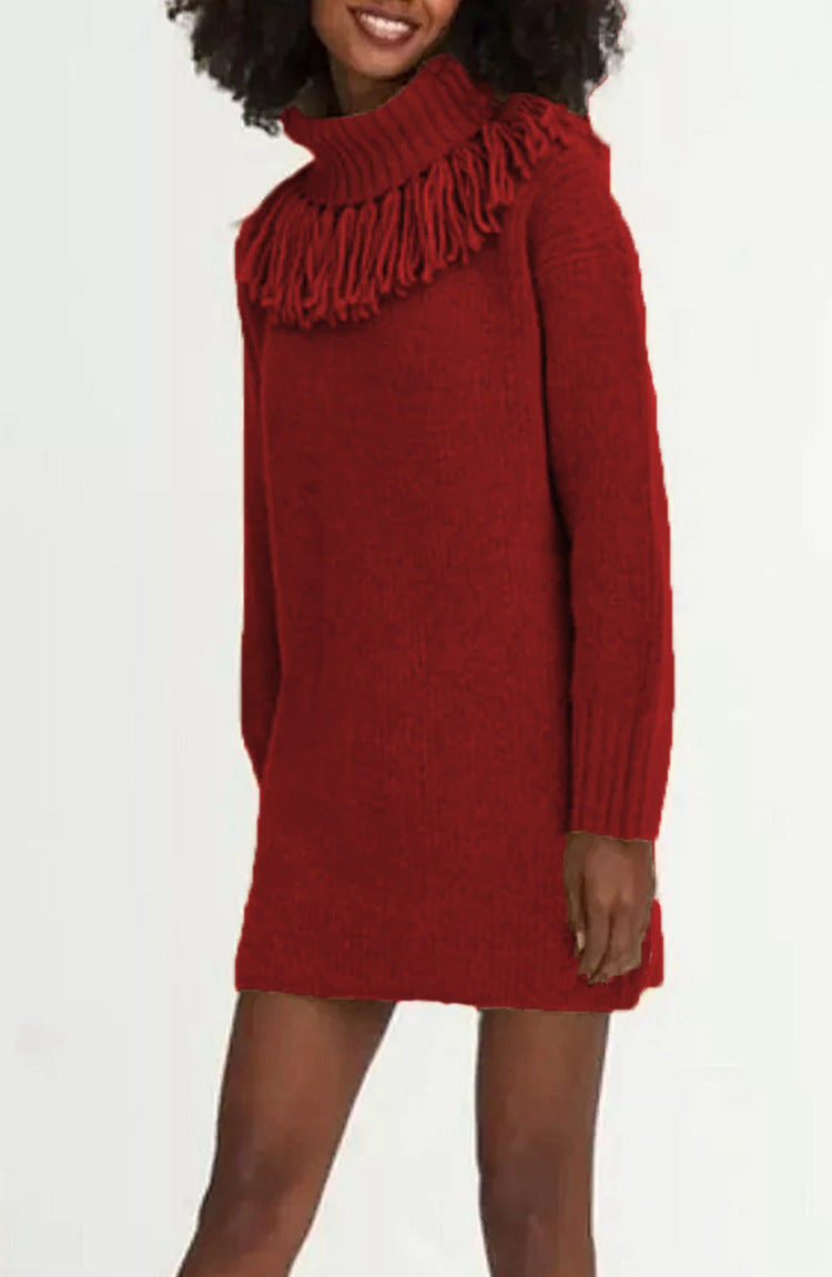 Damen Strickkleid mit hohem Rollkragen und modischen Fransen Drune