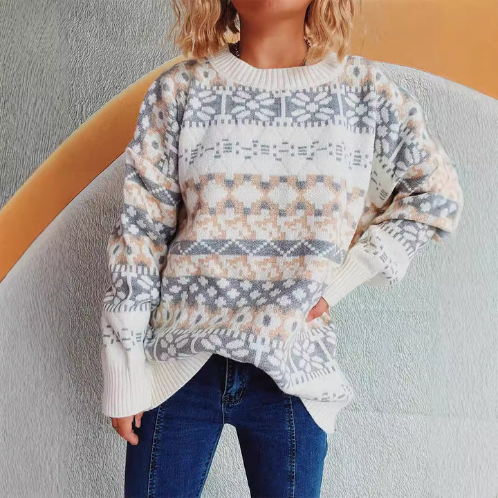 Damen gemütlicher Strickpullover mit winterlichem Muster und lässigem Schnitt Drune