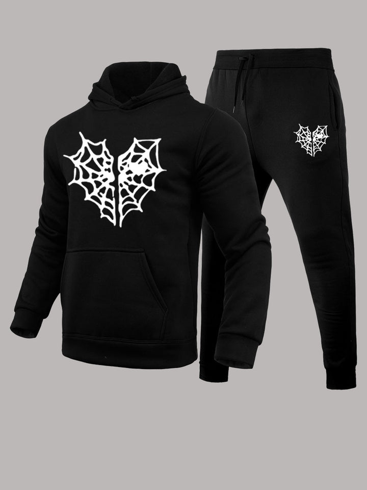 Herren Kapuzenpullover und Jogginghose Set mit einzigartigem Spinnennetz-Motiv Drune