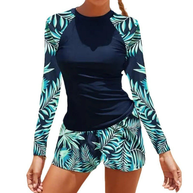 Damen UV-Schutz Badeanzug mit langen Ärmeln und modischem Blätterdesign Drune