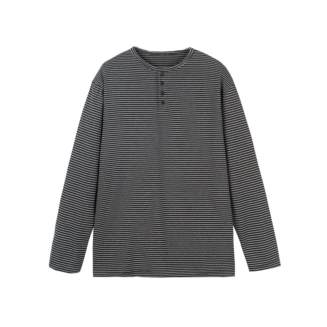 Unisex Gestreiftes Henley-Langarmshirt mit Knopfleiste und Oversize-Schnitt Drune