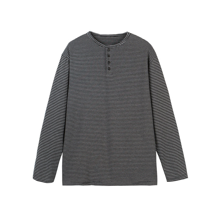 Unisex Gestreiftes Henley-Langarmshirt mit Knopfleiste und Oversize-Schnitt Drune