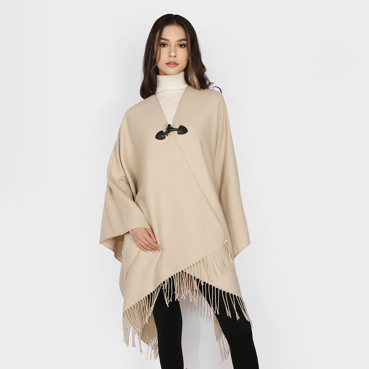 Damen Kastiger Cape-Überwurf mit Fransen und Knebelverschluss Drune