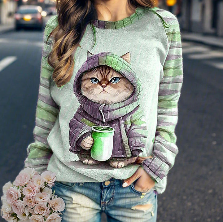 Damen nan lässiges Sweatshirt mit großem Kätzchen-Frontprint und gestreiften Raglanärmeln Drune