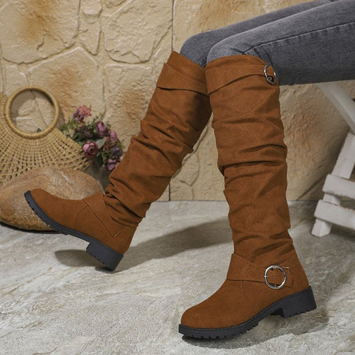 Damen Overknee-Stiefel aus weichem Wildleder mit dekorativem Schnallen-Detail Drune