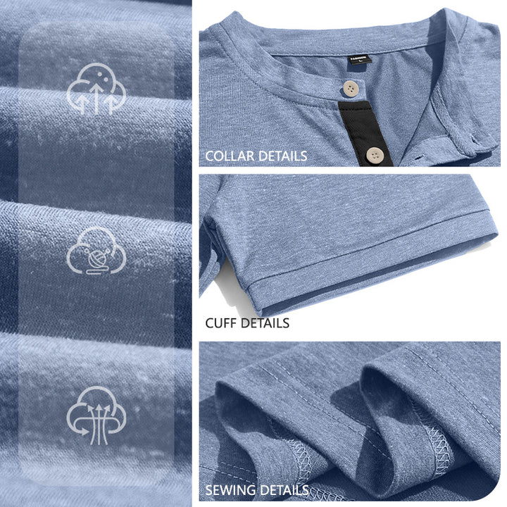 Herren nan strukturiertes Baumwoll-Henleyshirt mit kurzem Stehkragen Knopfleiste und Brusttasche Drune