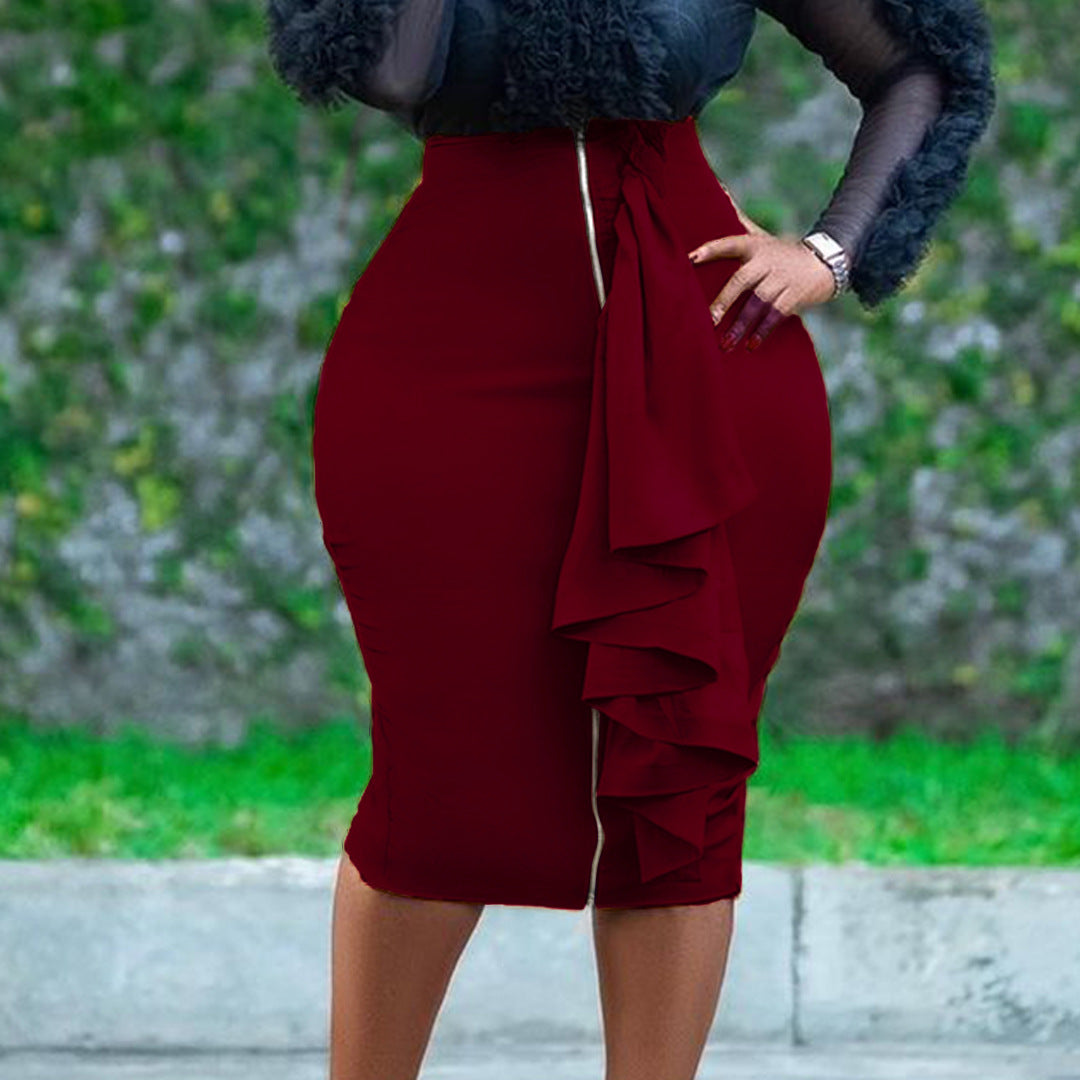 Damen Midi-Rock mit asymmetrischen Rüschendetails und Reißverschluss Drune