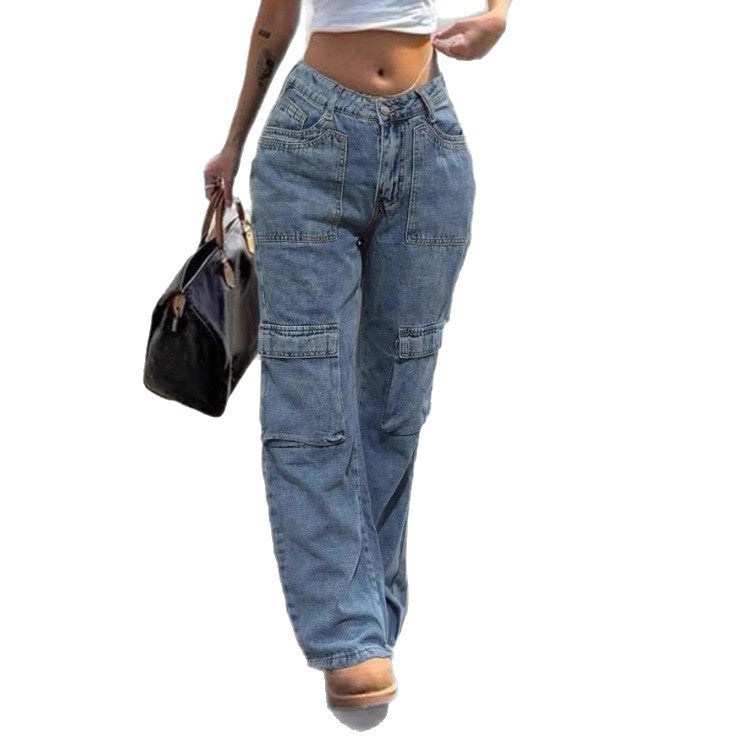 Damen Hochbundweite Cargo-Denimhose mit Utility-Taschen Drune