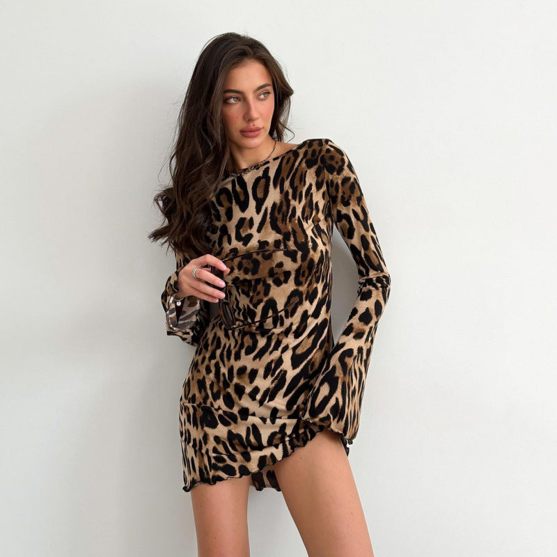 Damen Mini-Kleid mit langem Arm im Leopardenmuster Drune