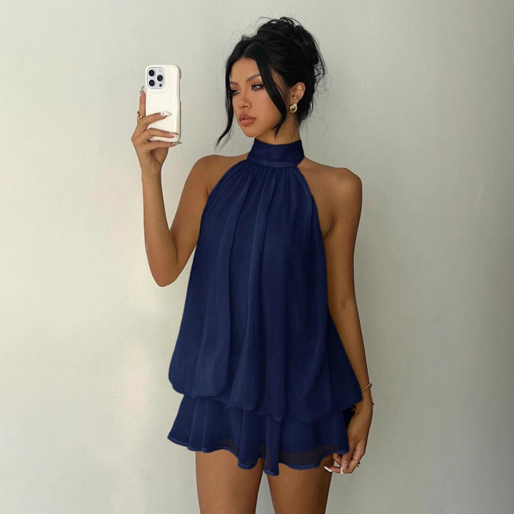 Damen Ärmelloser Chiffon-Playsuit mit hohem Stehkragen, gerafftem Oberteil und Stufen-Shorts Drune