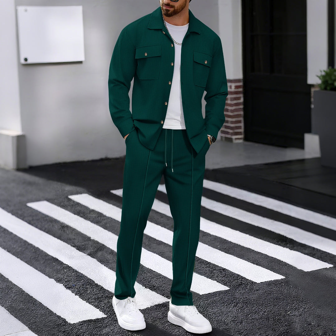 Herren modisches Freizeit-Set mit strukturierter Jacke und bequemen Hosen Drune