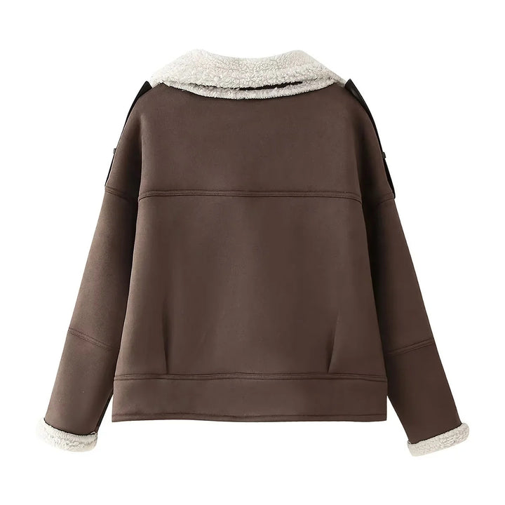 Damen Teddy-Lederjacke mit ausgefallenem Kragen und abnehmbaren Details Drune
