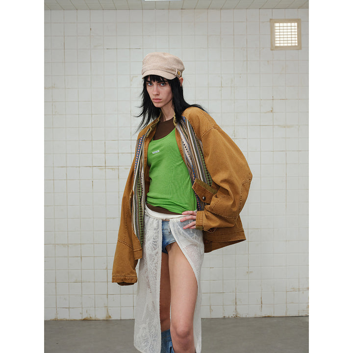 Damen kurze Baumwoll-Blousonjacke mit Ethno‑Webpaneelen und Cordbesatz Drune