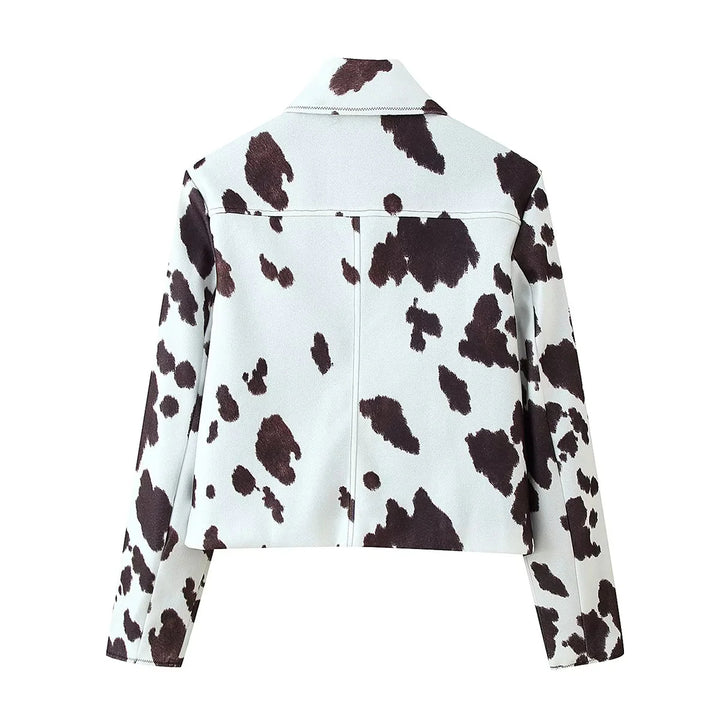 Damen nan kurzgeschnittene Hemdjacke mit Kuhfleckenmuster und Druckknopfverschluss Drune