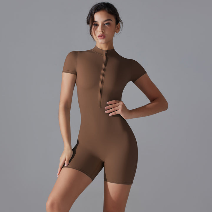 Damen Sportlicher Kurzarm-Einteiler mit Reißverschluss und figurbetontem Design Drune