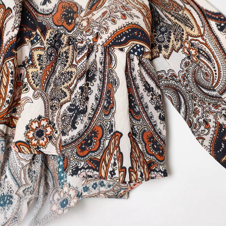 Damen Boho-Paisley-Bluse mit V-Ausschnitt, gerafften Schultern und Tunnelzugsaum Drune
